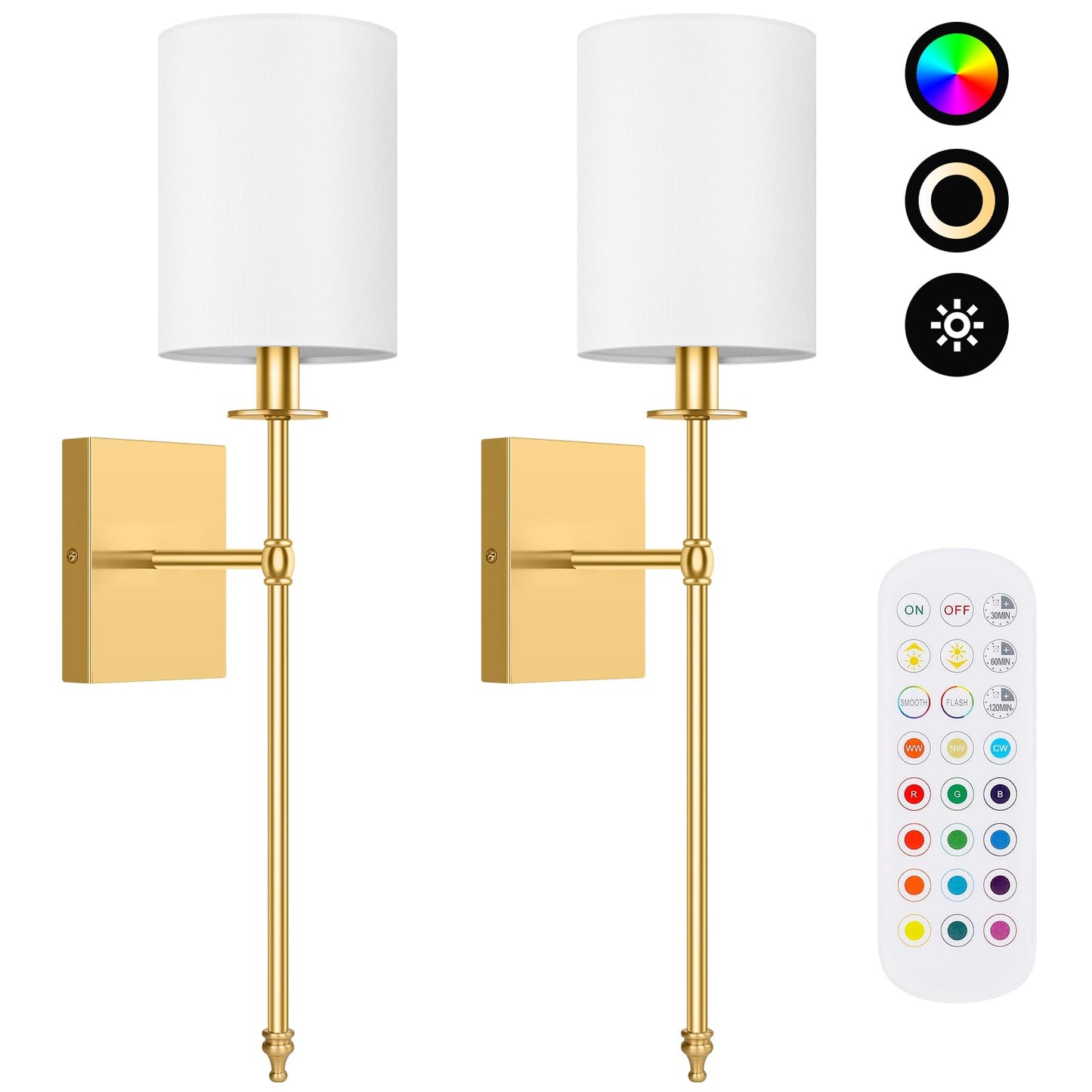 Battery Operated Wall Sconces Set of 2 with Remote Control, Black Indoor Not Hardwired Dimmable Wall Lamps with White Fabric Shade, Rechargeable Wireless wall lights For Bedroom, 2 Bulbs Included