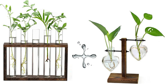 XXXFLOWER Plant Terrarium with Wooden Stand Test Tube Rack Air Planter Bulb Glass Vase Metal Swivel Holder Retro Tabletop for Hydroponics Home Garden Office Decor