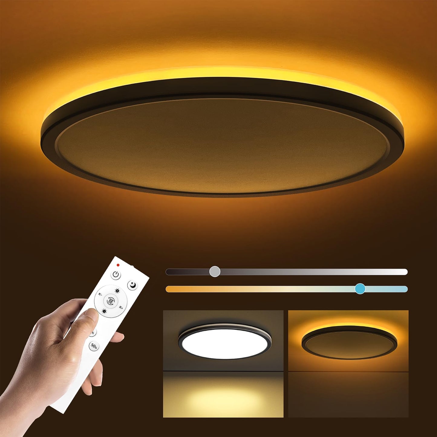 Matane 12in LED Flush Mount Ceiling Light Fixture with Remote Control, Nightlight 2000K Warm, 3000K-6500K Adjustable, Low Profile Ceiling Lights for Bedroom, Kitchen, Living Room, Black