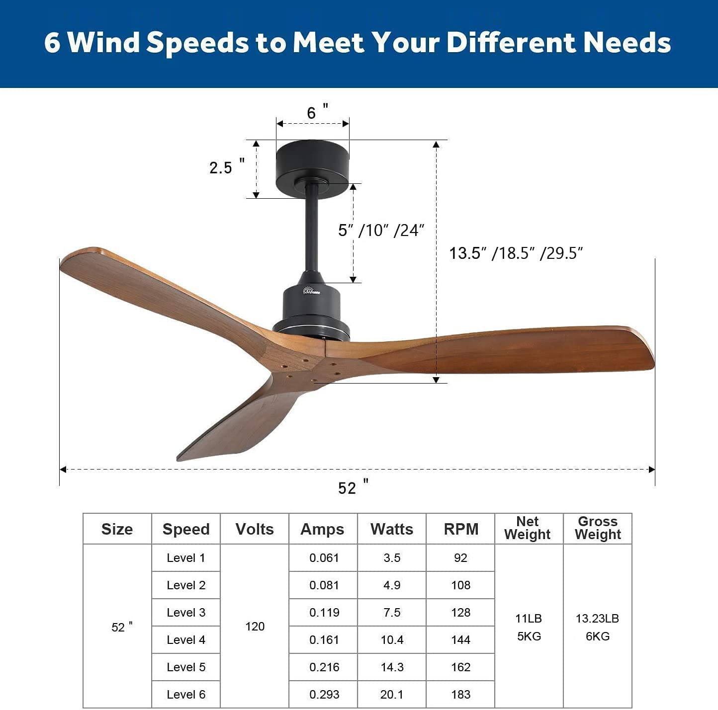 Sofucor 52" Ceiling Fan with Lights Remote Control, 3 Poles for Indoor Outdoor Ceiling Fan with Remote, Reversible Noiseless ETL Motor, 3 Walnut Wooden Blades