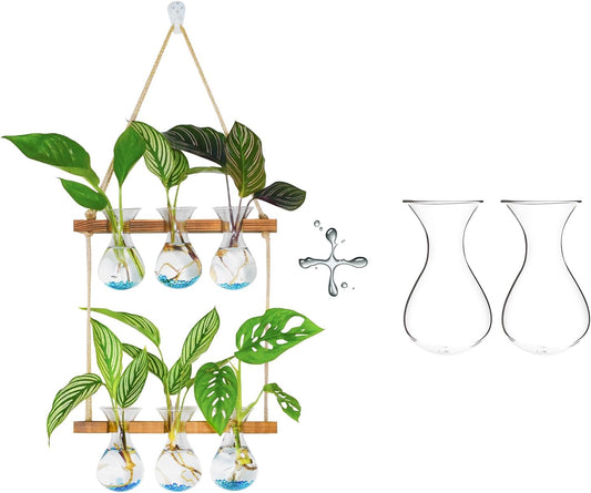 XXXFLOWER Wall Hanging Propagation Station with Wooden Stand 3 Bulb Vase 2 Tiered Planters Wall Terrarium+Flower Vases Accessories-2 Bulb Vase