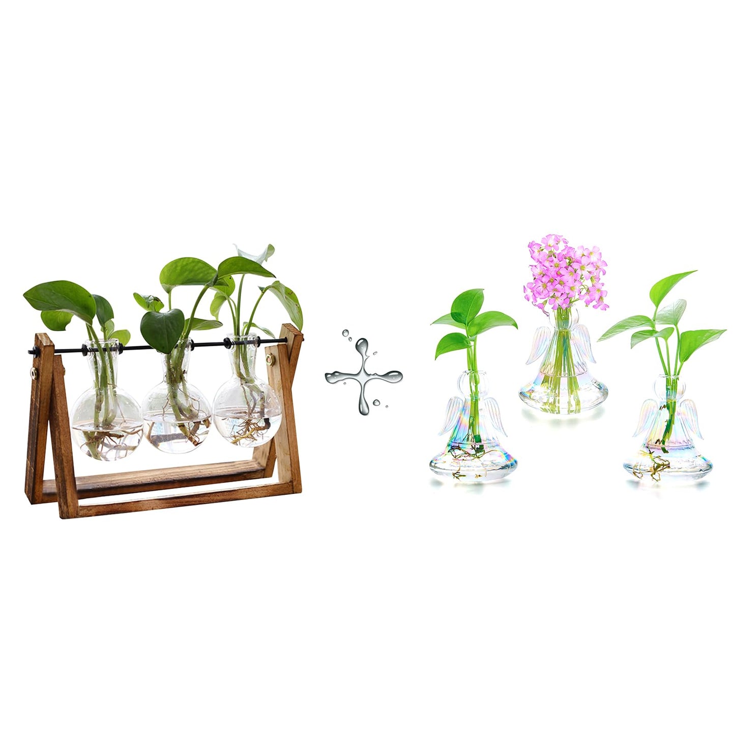 XXXFLOWER Plant Terrarium with Wooden Stand - 3 Bulb Vase+Angel Glass Terrarium Plant Starter Vases