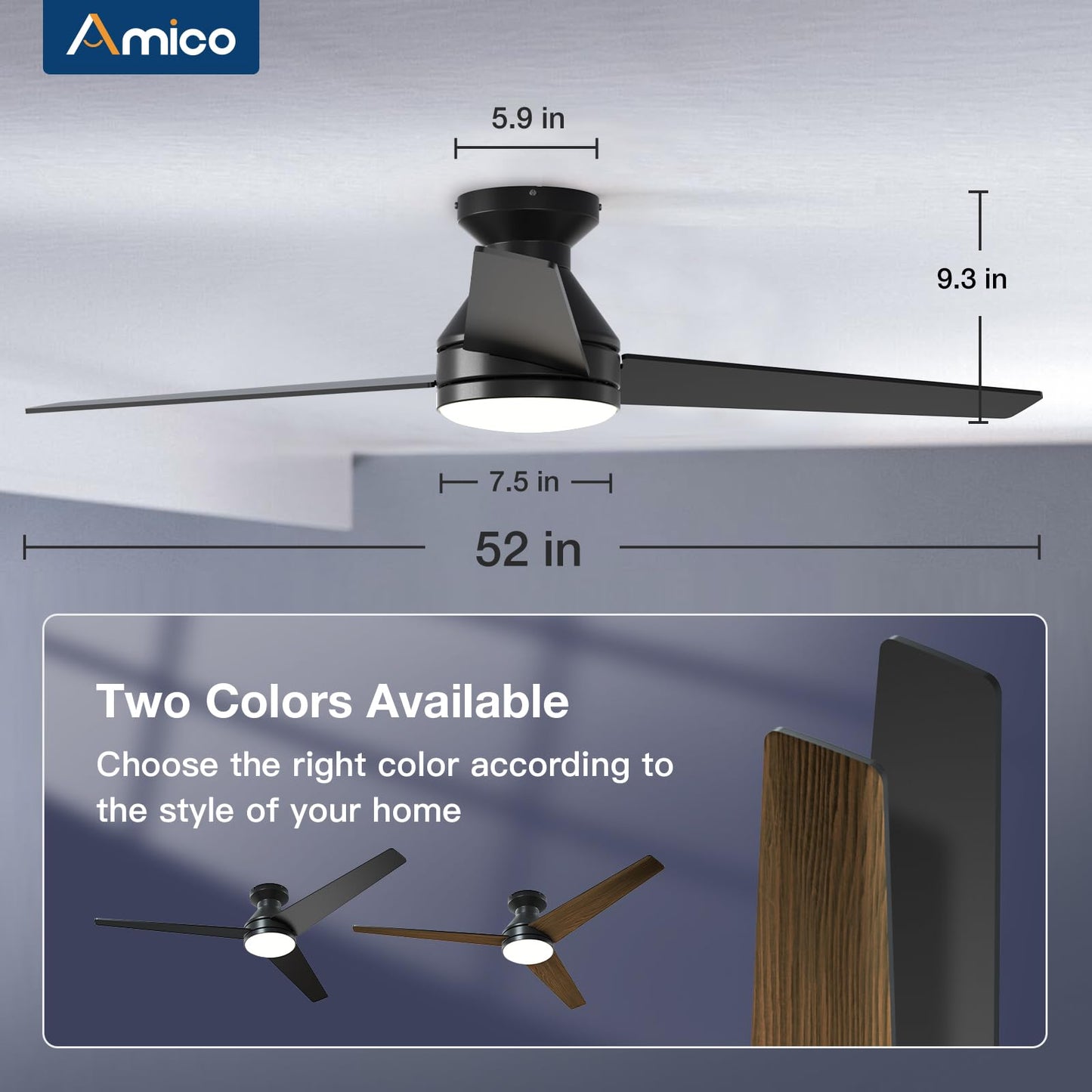 Amico Ceiling Fans with Lights, 42 inch Low Profile Ceiling Fan with Light and Remote Control, Flush Mount, Reversible, 3CCT, Dimmable, Noiseless, Black Ceiling Fan for Bedroom, Indoor/Outdoor Use