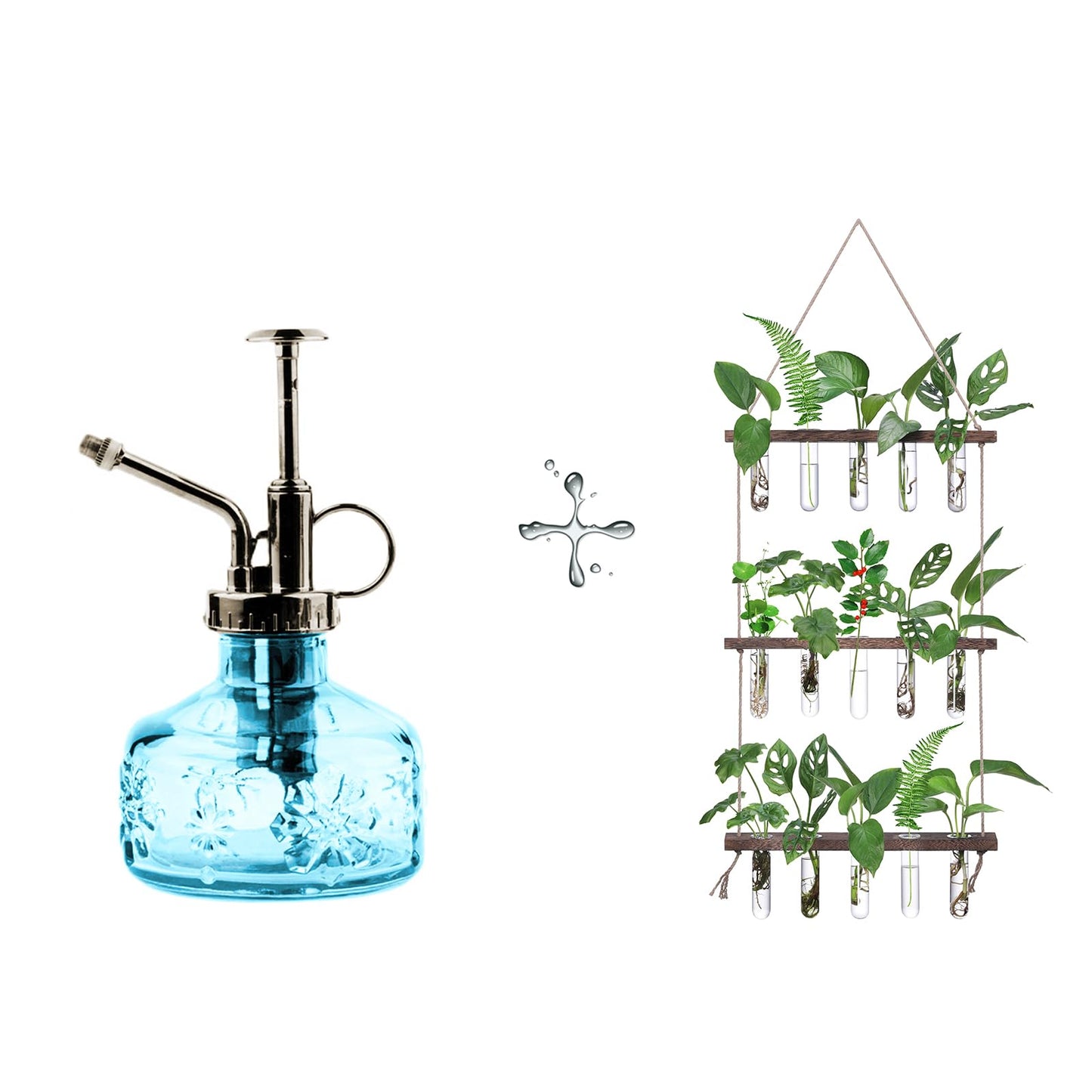 XXXFLOWER Wall Hanging Propagation Station with Wooden Stand 5 Glass Test Tubes+Glass Plant Mister Spray Bottle