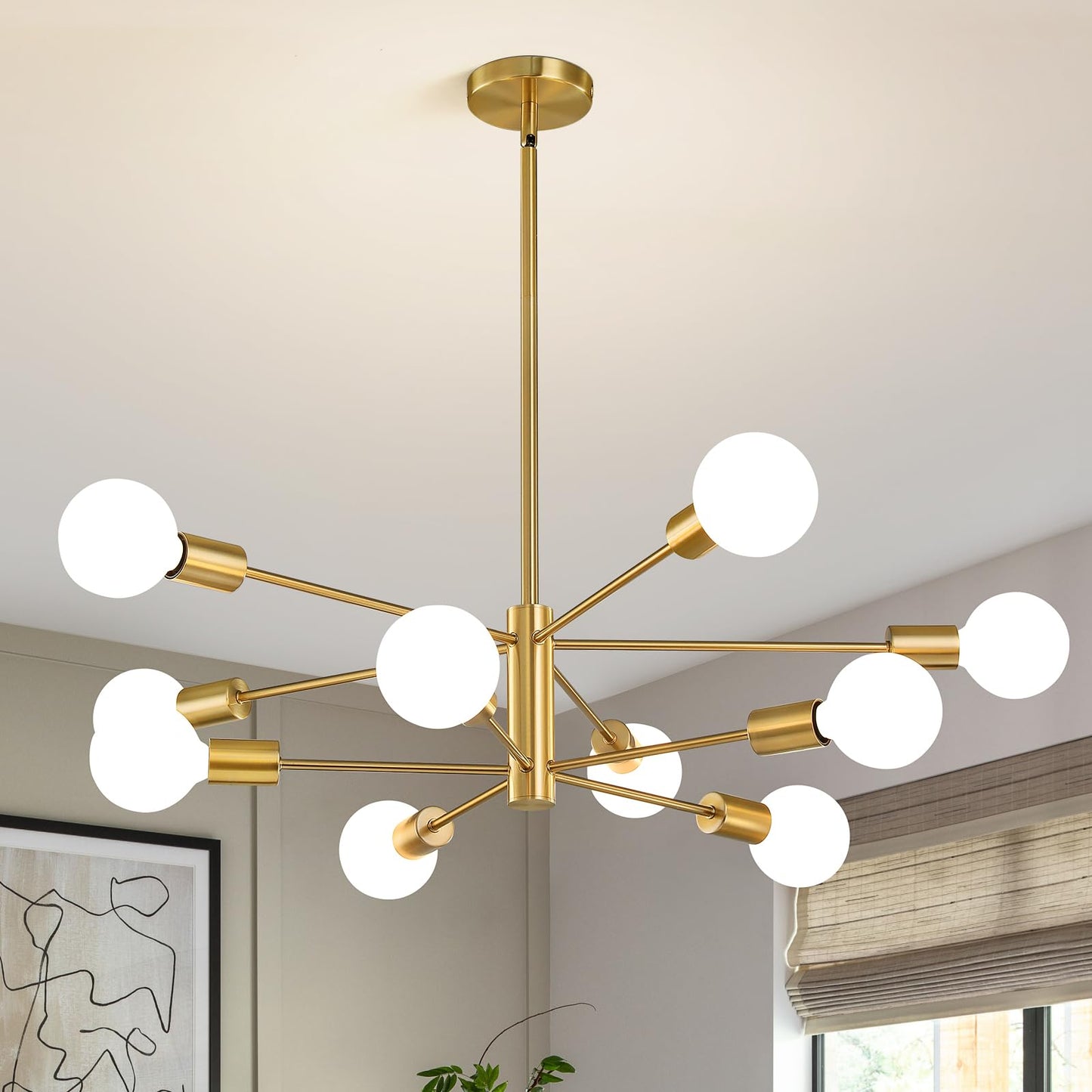 Modern Chandelier Ceiling Light Fixture Sputnik Chandeliers Gold and Black Farmhouse Chandelier Over Table 12-Light Height Adjustable Chandeliers for Dining Room, Living Room,Kitchen Island