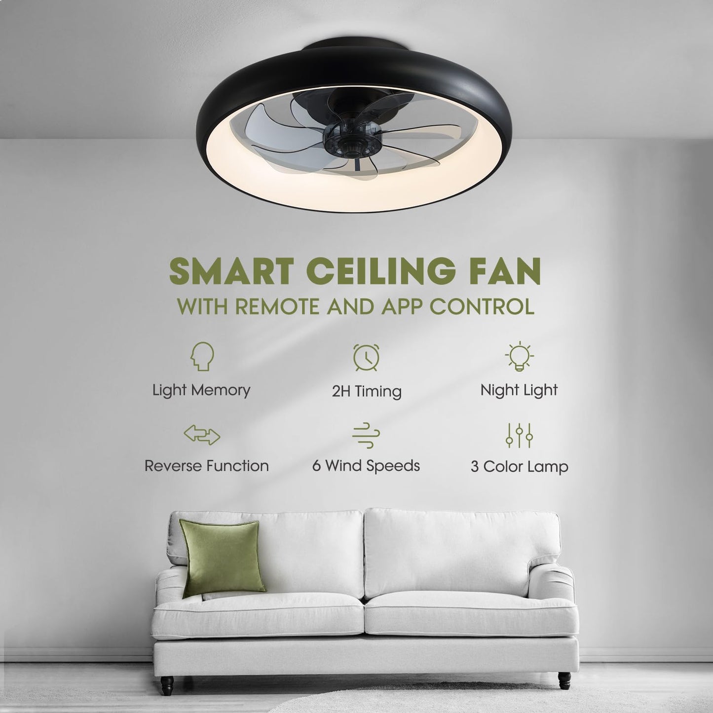 Flush Mount Ceiling Fan with Lights and Remote 20" (Black)