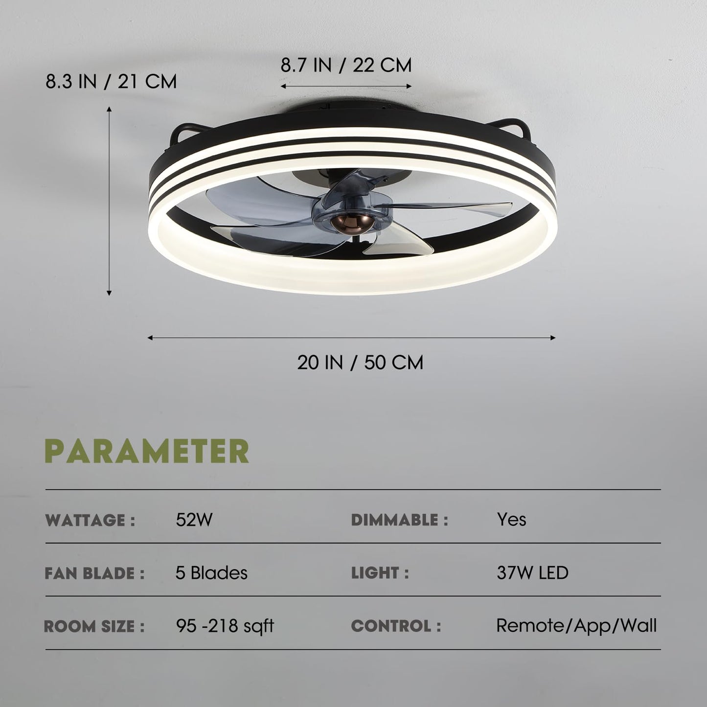 Flush Mount Ceiling Fan with Lights and Remote 20" (Black)