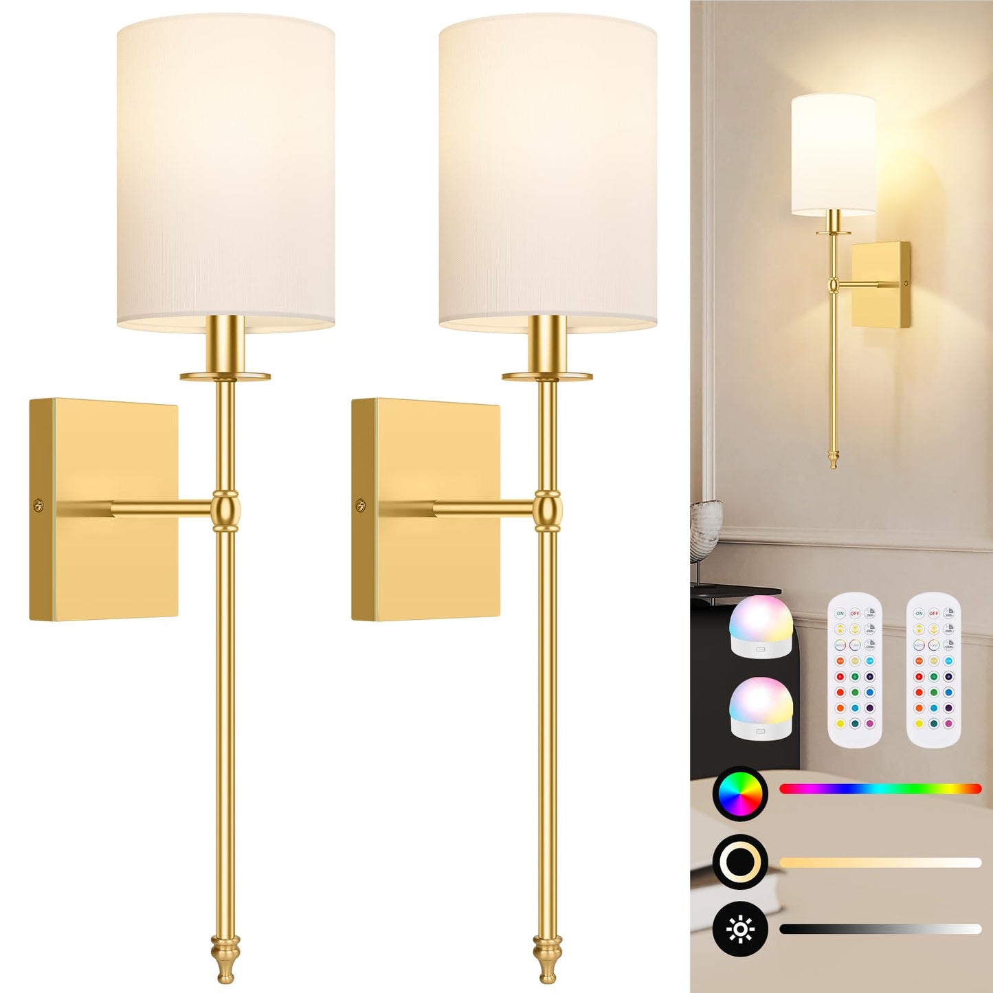 Battery Operated Wall Sconces Set of 2 with Remote Control, Black Indoor Not Hardwired Dimmable Wall Lamps with White Fabric Shade, Rechargeable Wireless wall lights For Bedroom, 2 Bulbs Included