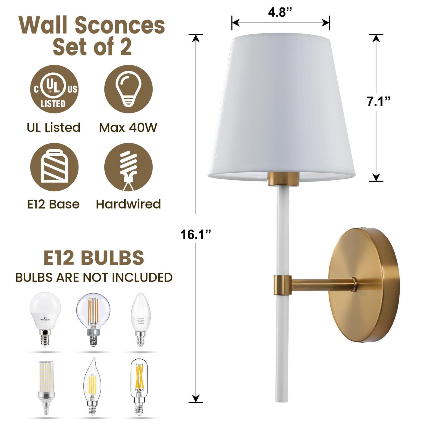 Wall Sconces Light Fixtures: Gold Wall Sconces Set of Two with White Fabric Shades, Hardwired E12 Modern Wall Mounted Lamps for Bedroom Living Room Kitchen Bathroom Mirror