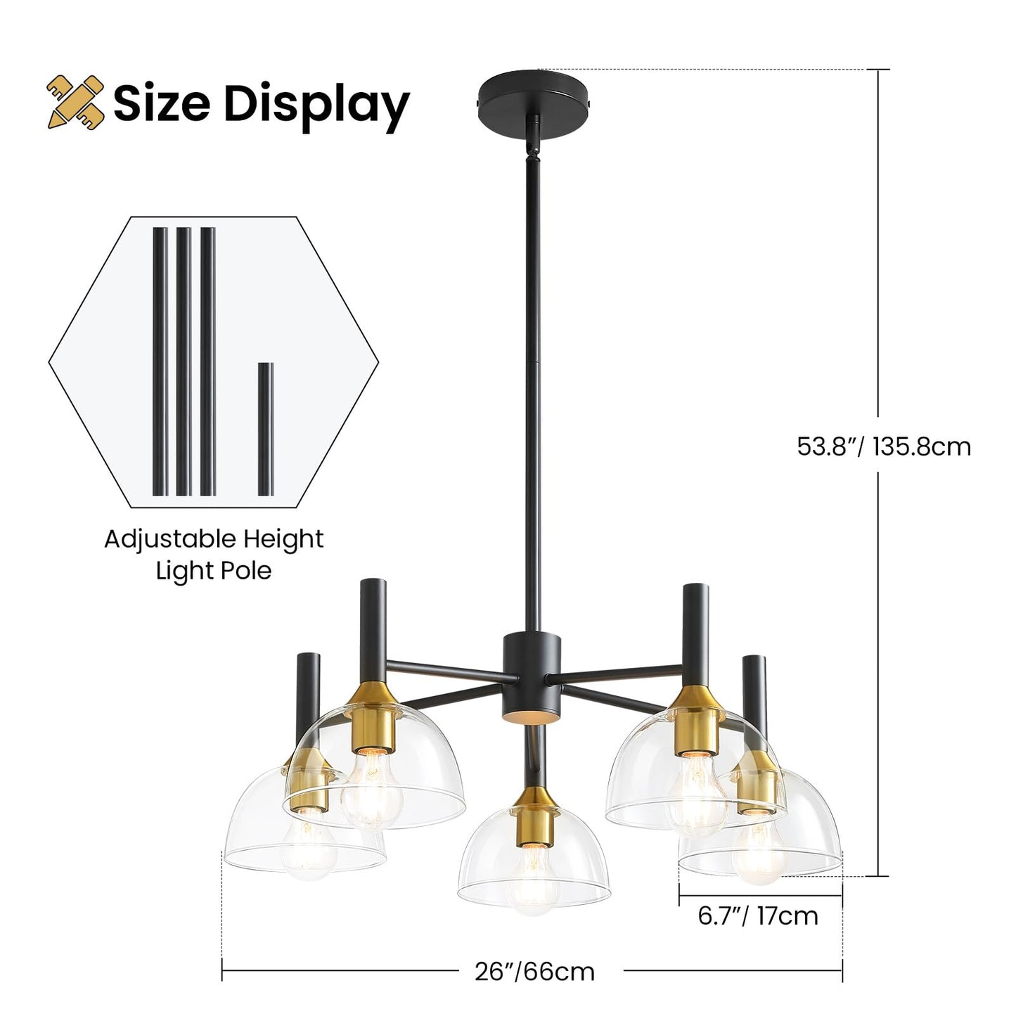 Dining Room Chandeliers Light - 3-Light Black Modern Chandelier with Thickened Glass Shade, Height Adjustable Mid Century Ceiling Lighting Fixture for Bedroom Kitchen Entryway Foyer