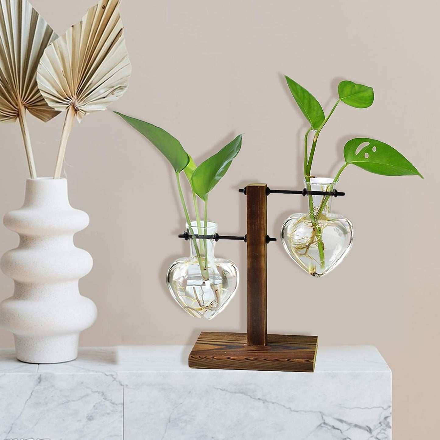 XXXFLOWER Plant Terrarium with Wooden Stand Test Tube Rack Air Planter Bulb Glass Vase Metal Swivel Holder Retro Tabletop for Hydroponics Home Garden Office Decor