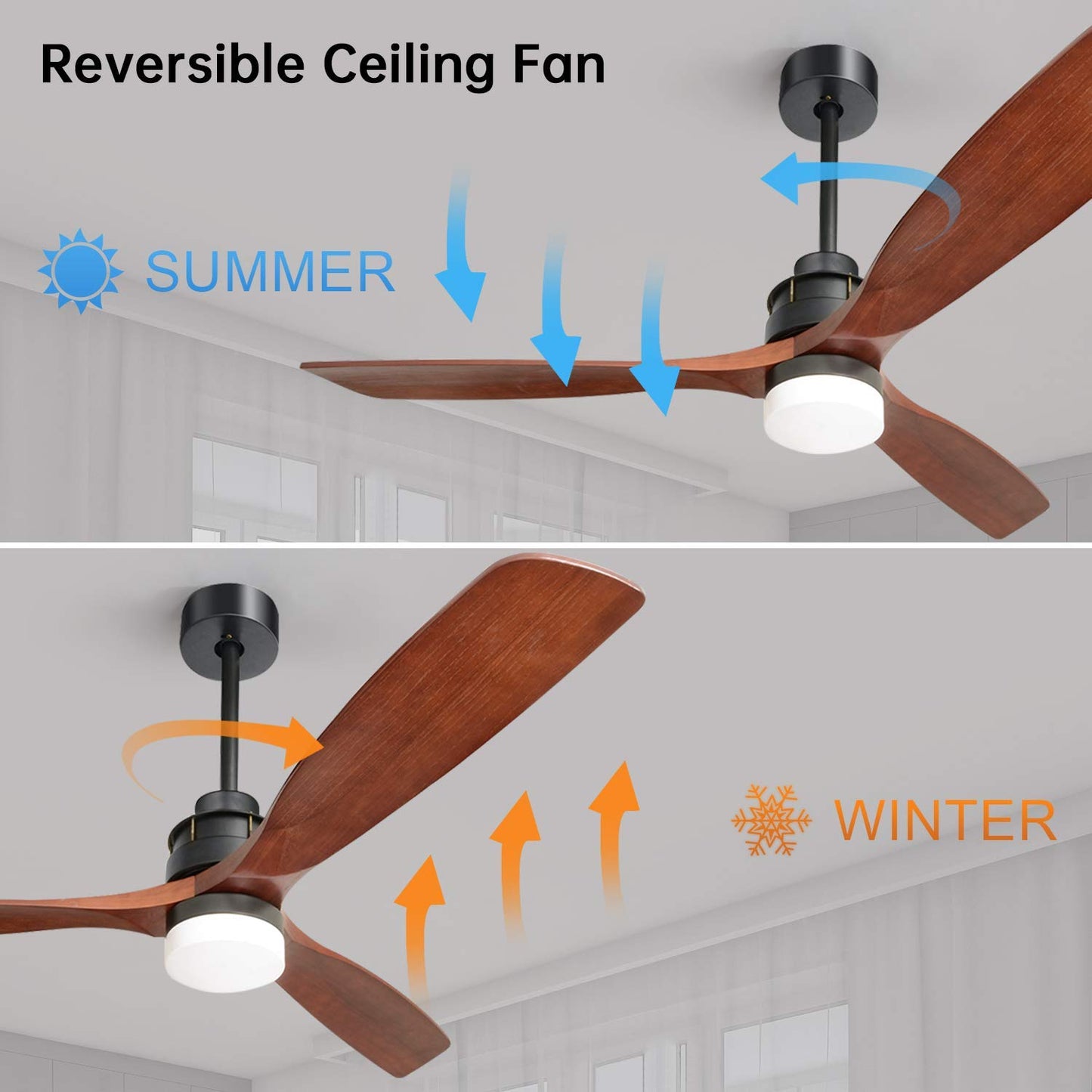 Sofucor 52" Ceiling Fan with Lights Remote Control, 3 Poles for Indoor Outdoor Ceiling Fan with Remote, Reversible Noiseless ETL Motor, 3 Walnut Wooden Blades