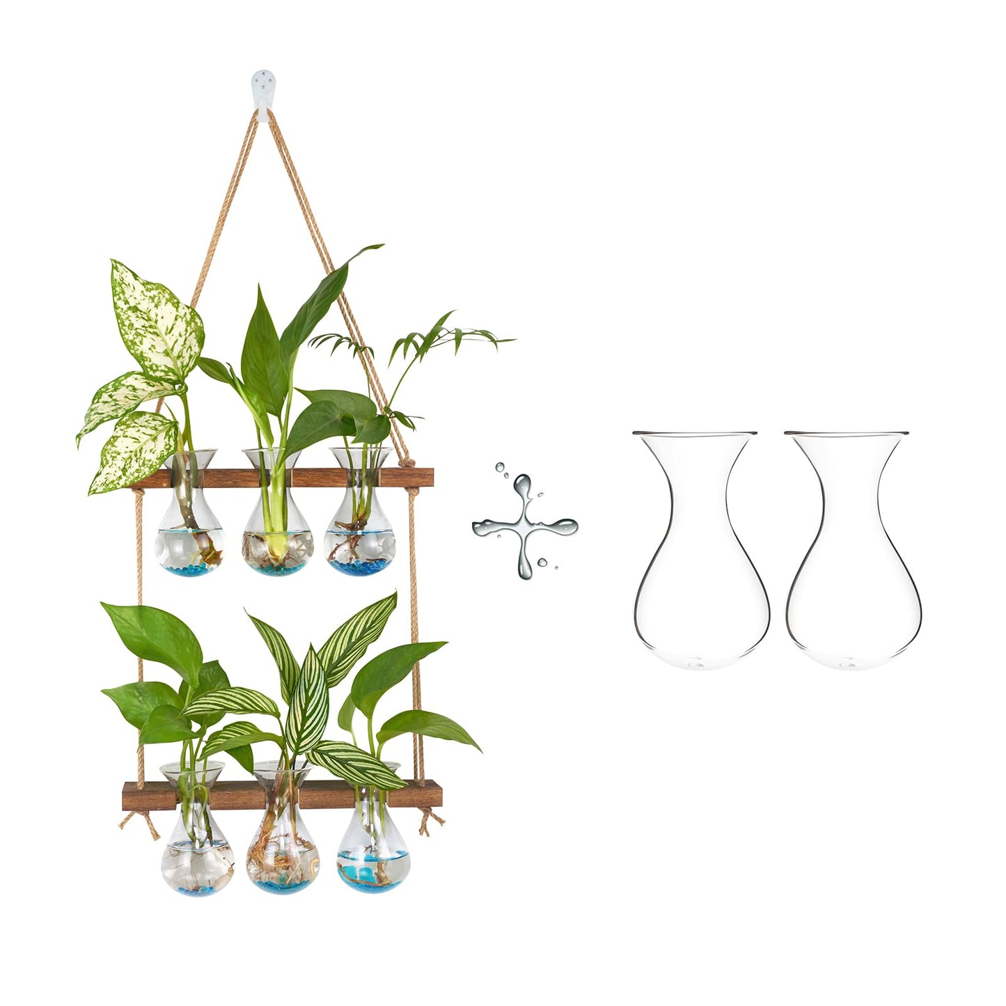 XXXFLOWER Wall Hanging Propagation Station with Wooden Stand 3 Bulb Vase 2 Tiered Planters+Flower Vases Accessories-2 Bulb Vase