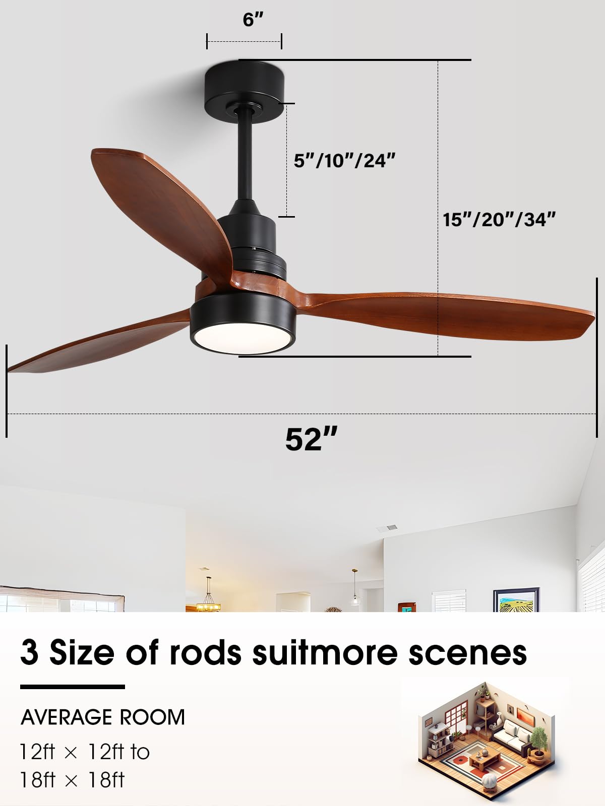 Sofucor 52" Ceiling Fan with Lights Remote Control, 3 Poles for Indoor Outdoor Ceiling Fan with Remote, Reversible Noiseless ETL Motor, 3 Walnut Wooden Blades