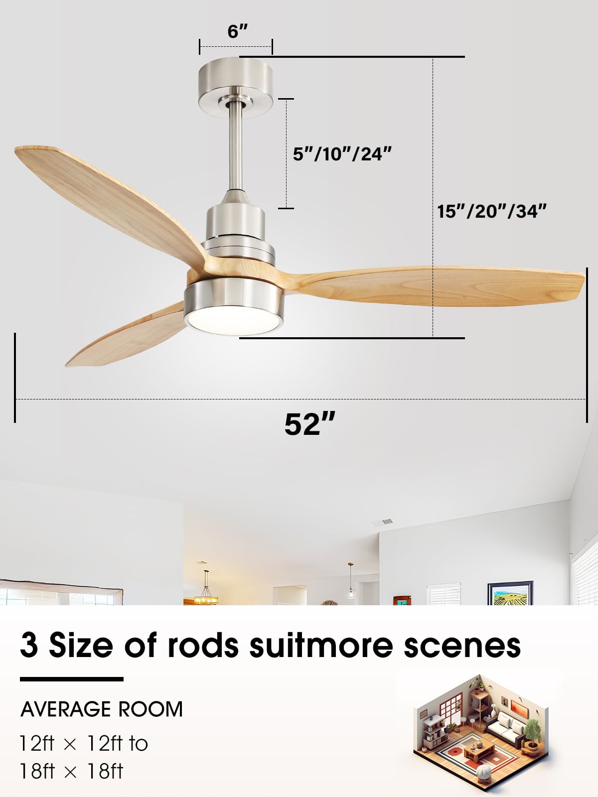 Sofucor 52" Ceiling Fan with Lights Remote Control, 3 Poles for Indoor Outdoor Ceiling Fan with Remote, Reversible Noiseless ETL Motor, 3 Walnut Wooden Blades