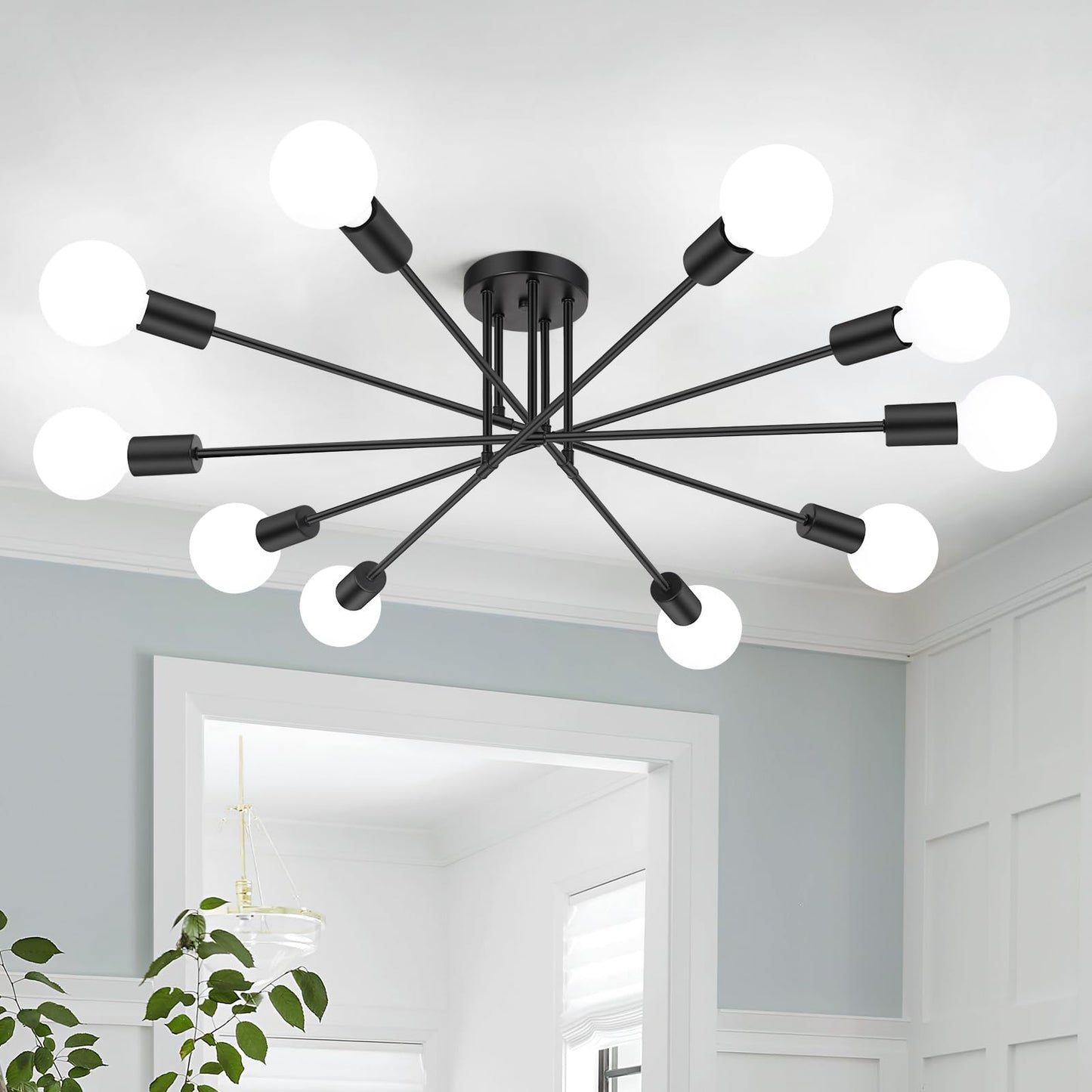 Modern Sputnik Chandelier 6-Light Industrial Ceiling Lights Fixture 22" Black Semi Flush Mount Ceiling Light with E26 Base Sputnik Lights Fixture for Dining Room Bedroom Foyer Hallway Living Room