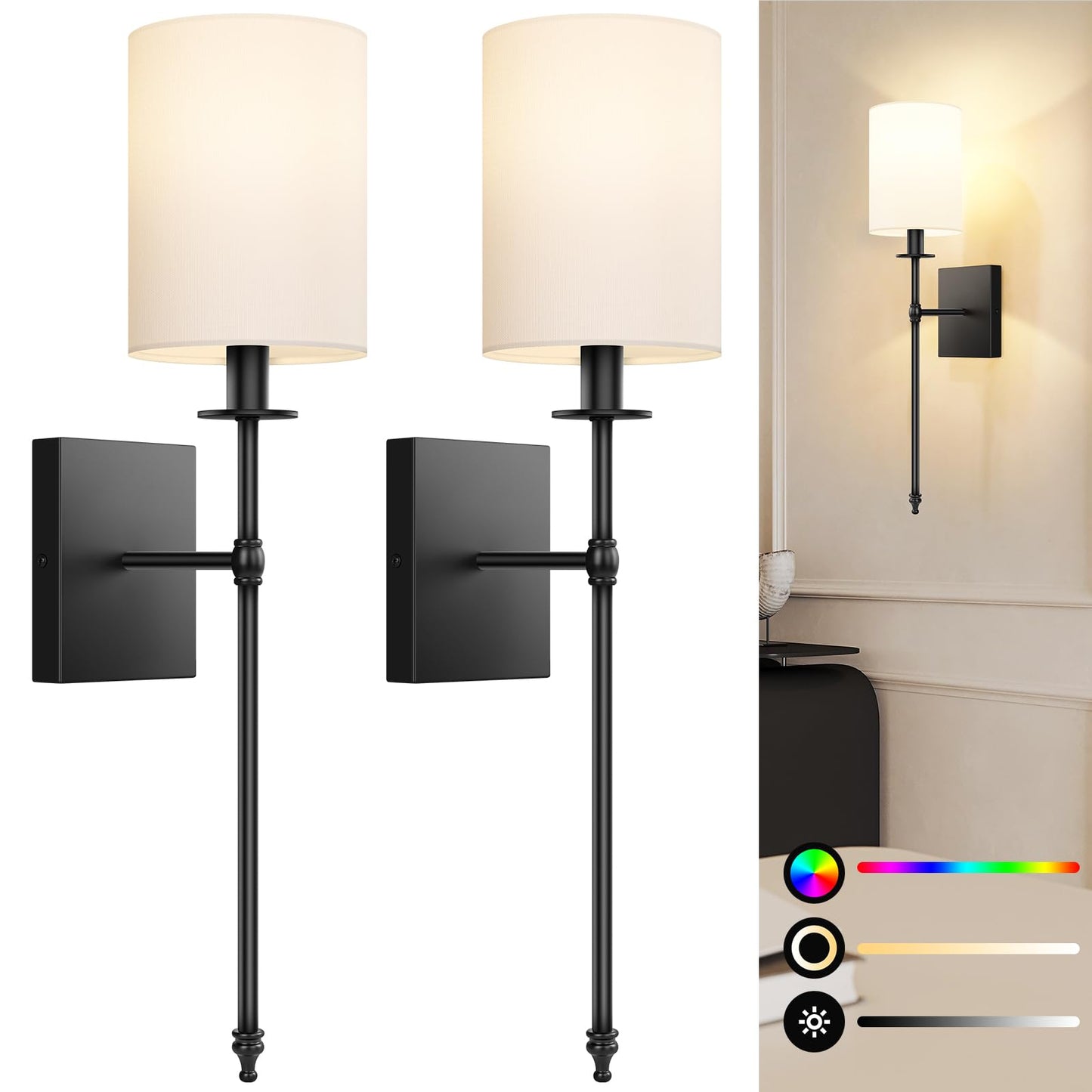 Battery Operated Wall Sconces Set of 2 with Remote Control, Black Indoor Not Hardwired Dimmable Wall Lamps with White Fabric Shade, Rechargeable Wireless wall lights For Bedroom, 2 Bulbs Included