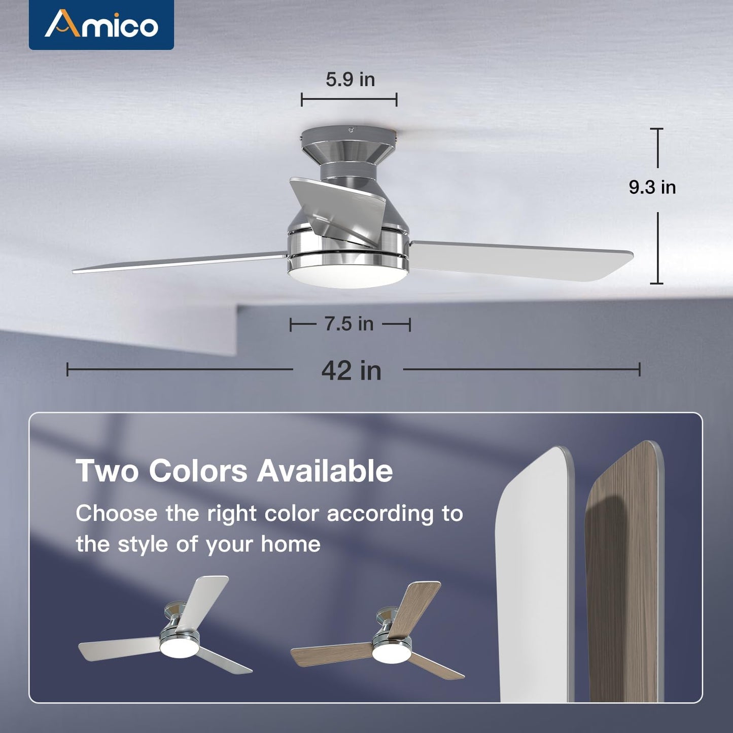 Amico Ceiling Fans with Lights, 42 inch Low Profile Ceiling Fan with Light and Remote Control, Flush Mount, Reversible, 3CCT, Dimmable, Noiseless, Black Ceiling Fan for Bedroom, Indoor/Outdoor Use