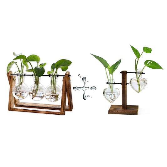 XXXFLOWER Plant Terrarium with Wooden Stand Air Planter Bulb Glass Vase Metal Swivel Holder Retro Tabletop for Hydroponics Home Garden Office Decoration