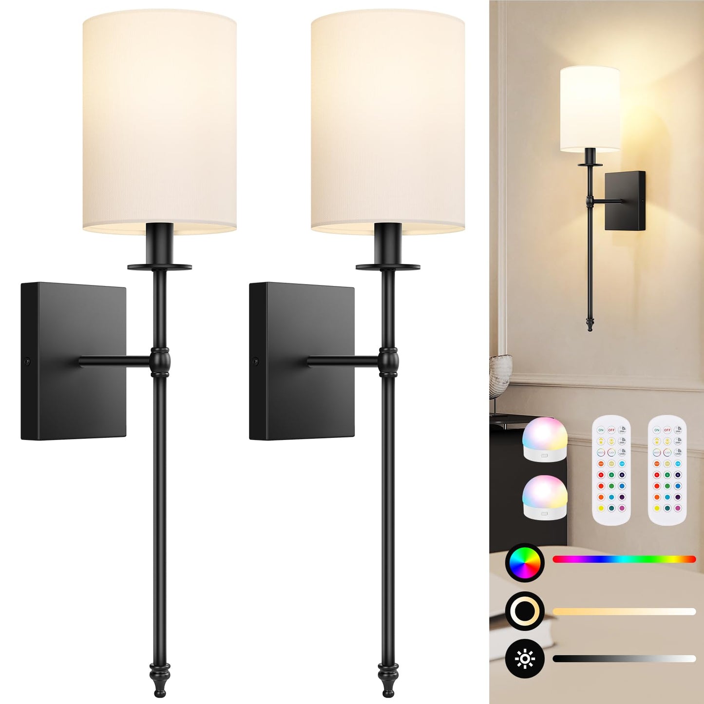 Battery Operated Wall Sconces Set of 2 with Remote Control, Black Indoor Not Hardwired Dimmable Wall Lamps with White Fabric Shade, Rechargeable Wireless wall lights For Bedroom, 2 Bulbs Included