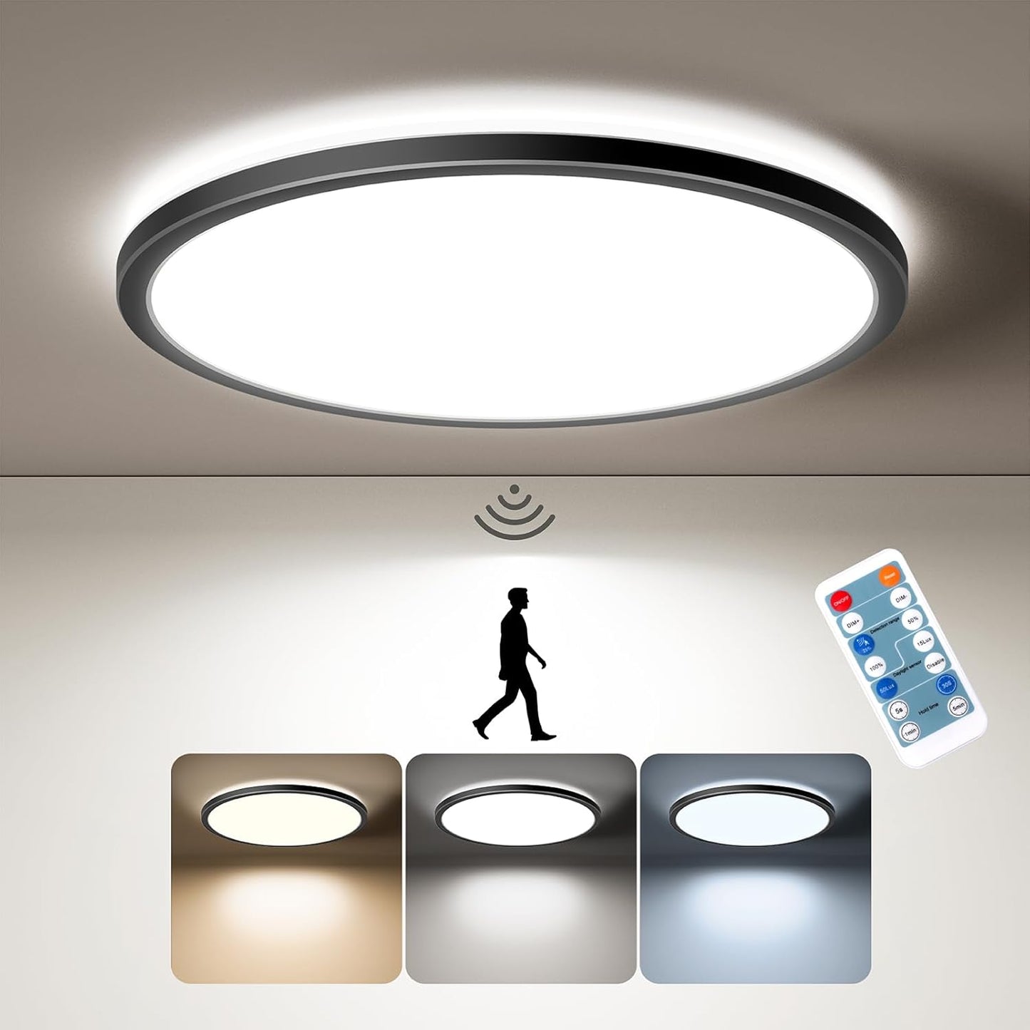 Matane Motion Sensor LED Ceiling Light with Remote, 12 Inch Wired Flush Mount Ceiling Light 3000K 4000K 5000K, 2400LM Dimmable Motion Sensor Light Indoor for Closet Hallway Laundry Stairs White Black