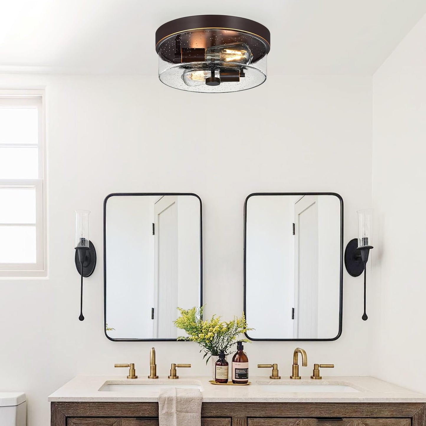 Black Flush Mount Ceiling Light Fixtures, 2-Light Ceiling Mount for Farmhouse with Seeded Glass Lampshade, Industrial Flush Mount Light Fixture Farmhouse for Hallway, Kitchen, Entryway and Foyer