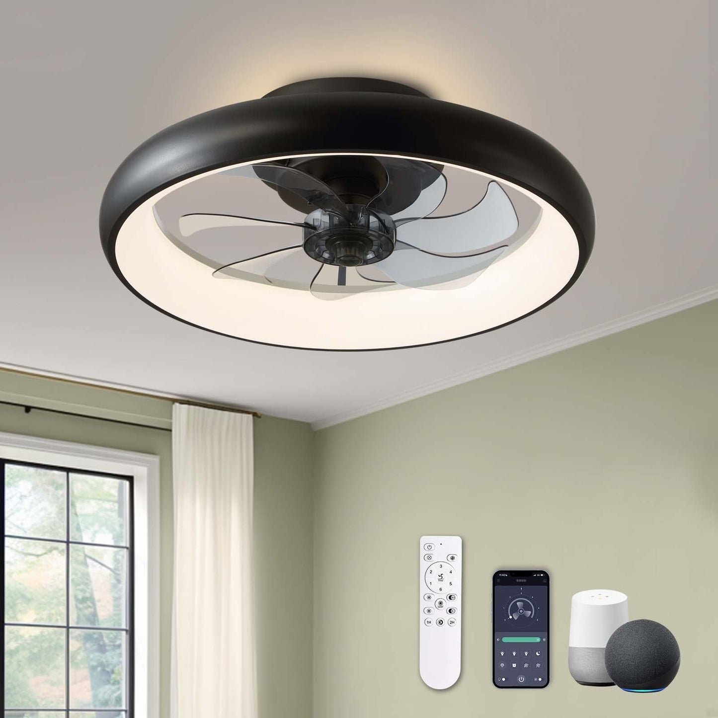 Flush Mount Ceiling Fan with Lights and Remote 20" (Black)