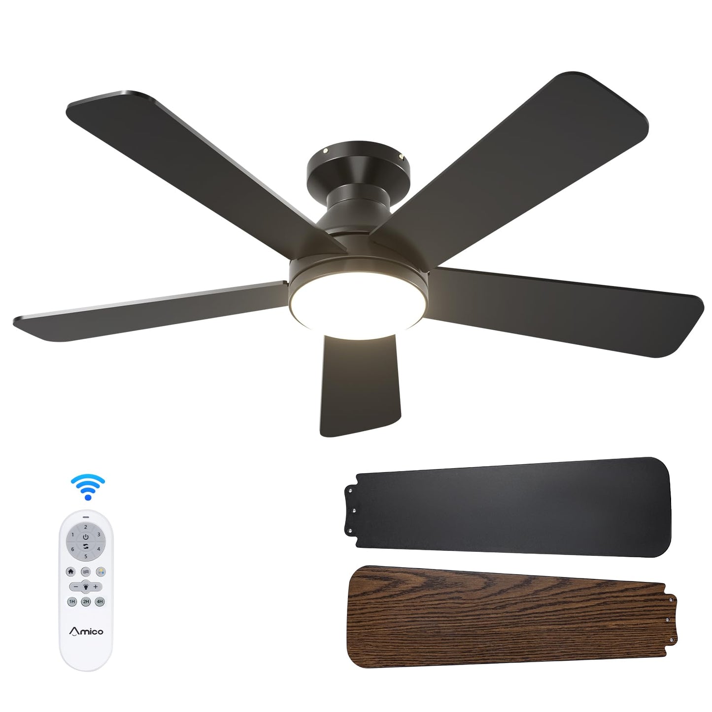 Amico Ceiling Fans with Lights, 42 Inch Low Profile Ceiling Fan with Light and Remote Control, Flush Mount, Reversible, 3CCT, Dimmable, Quiet, White Small Ceiling Fan for Bedroom Outdoor/Indoor Use