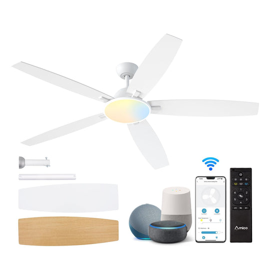 Amico Ceiling Fans with Lights, 52'' Smart Ceiling Fan with Remote Control, Reversible DC Motor, 5 Blades, 6 Speeds, 3CCT, Dimmable, Noiseless, Alexa White Ceiling Fan for Bedroom, Kitchen, Farmhouse