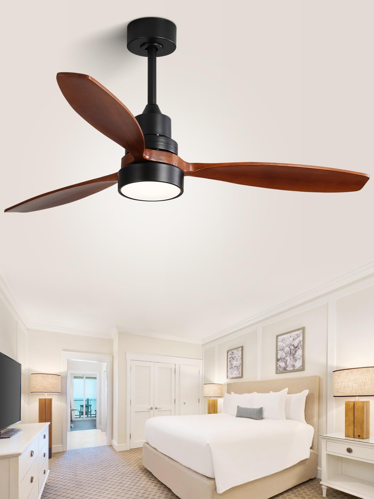 Sofucor 52" Ceiling Fan with Lights Remote Control, 3 Poles for Indoor Outdoor Ceiling Fan with Remote, Reversible Noiseless ETL Motor, 3 Walnut Wooden Blades