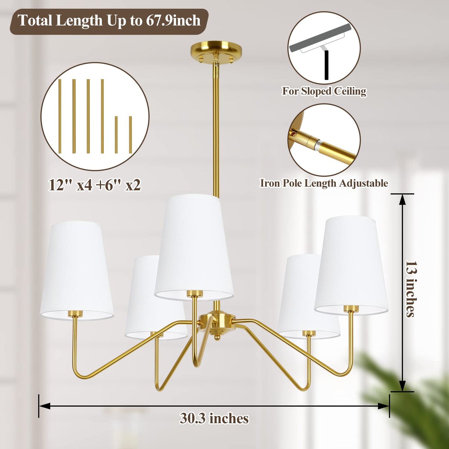 5-Light Modern Chandelier with White Shades, 30” Brass Gold Chandelier for Dining Room, Classic Pendant Ceiling Light Fixture w/ E12 Base Hanging Lamp for Living Room Hallway Bedroom Height Adjustable