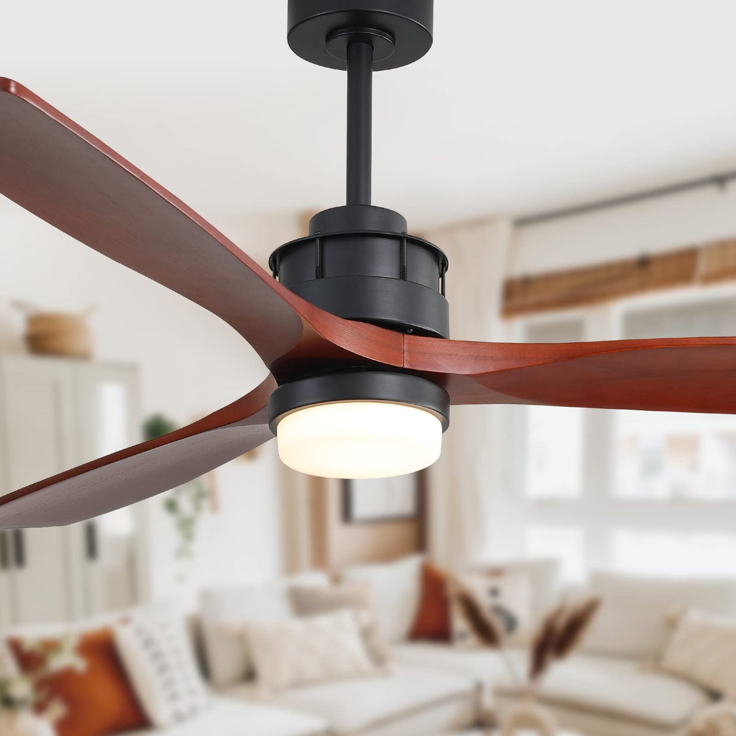 Sofucor 52" Ceiling Fan with Lights Remote Control, 3 Poles for Indoor Outdoor Ceiling Fan with Remote, Reversible Noiseless ETL Motor, 3 Walnut Wooden Blades