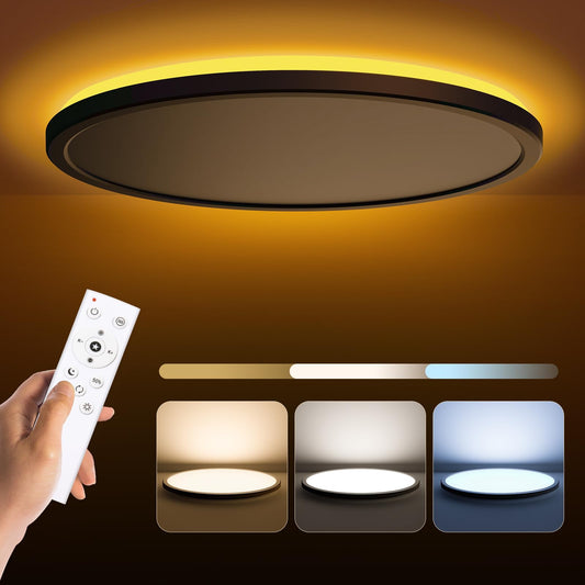 Matane 15.4in LED Flush Mount Ceiling Light Fixture with Remote Control, Nightlight 2000K Warm, 3000K-6500K Adjustable, Low Profile Ceiling Lights for Bedroom, Kitchen, Living Room, Black