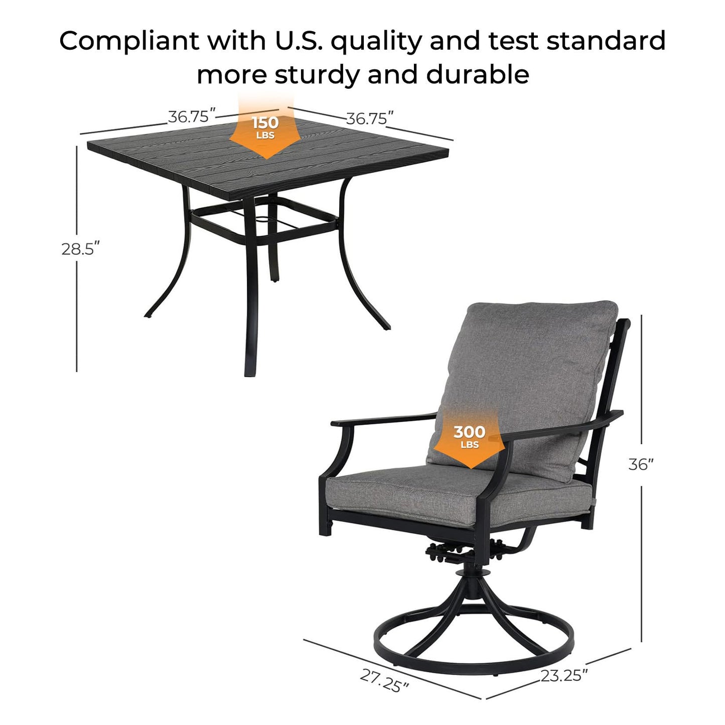 Grand patio 7-Piece Patio Dining Set for 6, E-Coated Outdoor Dining Set Swivel Patio Dining Chairs with Olefin Cushions & 1 Black Rectangular Faux Woodgrain Dining Table with 1.5”Market Umbrella Hole