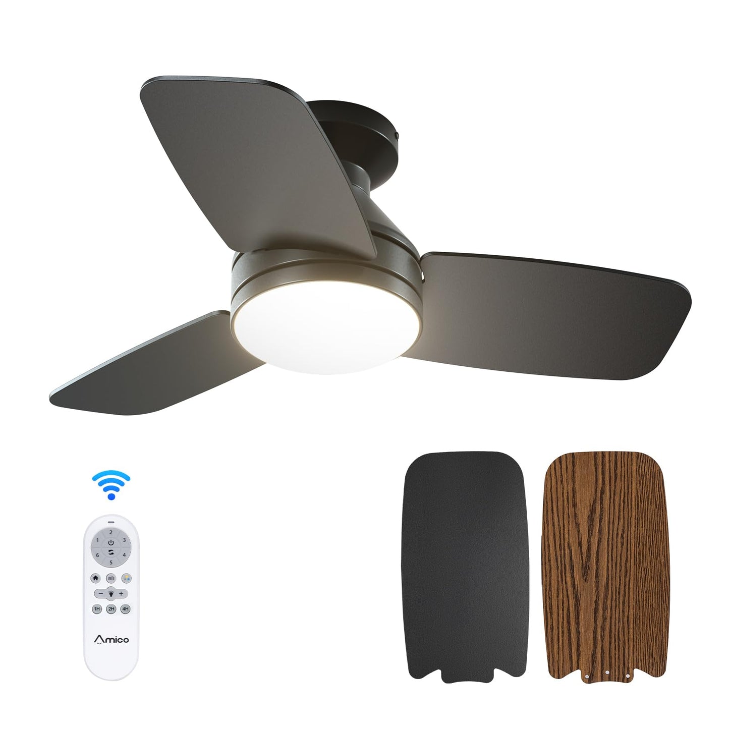 Amico Ceiling Fans with Lights, 42 inch Low Profile Ceiling Fan with Light and Remote Control, Flush Mount, Reversible, 3CCT, Dimmable, Noiseless, Black Ceiling Fan for Bedroom, Indoor/Outdoor Use