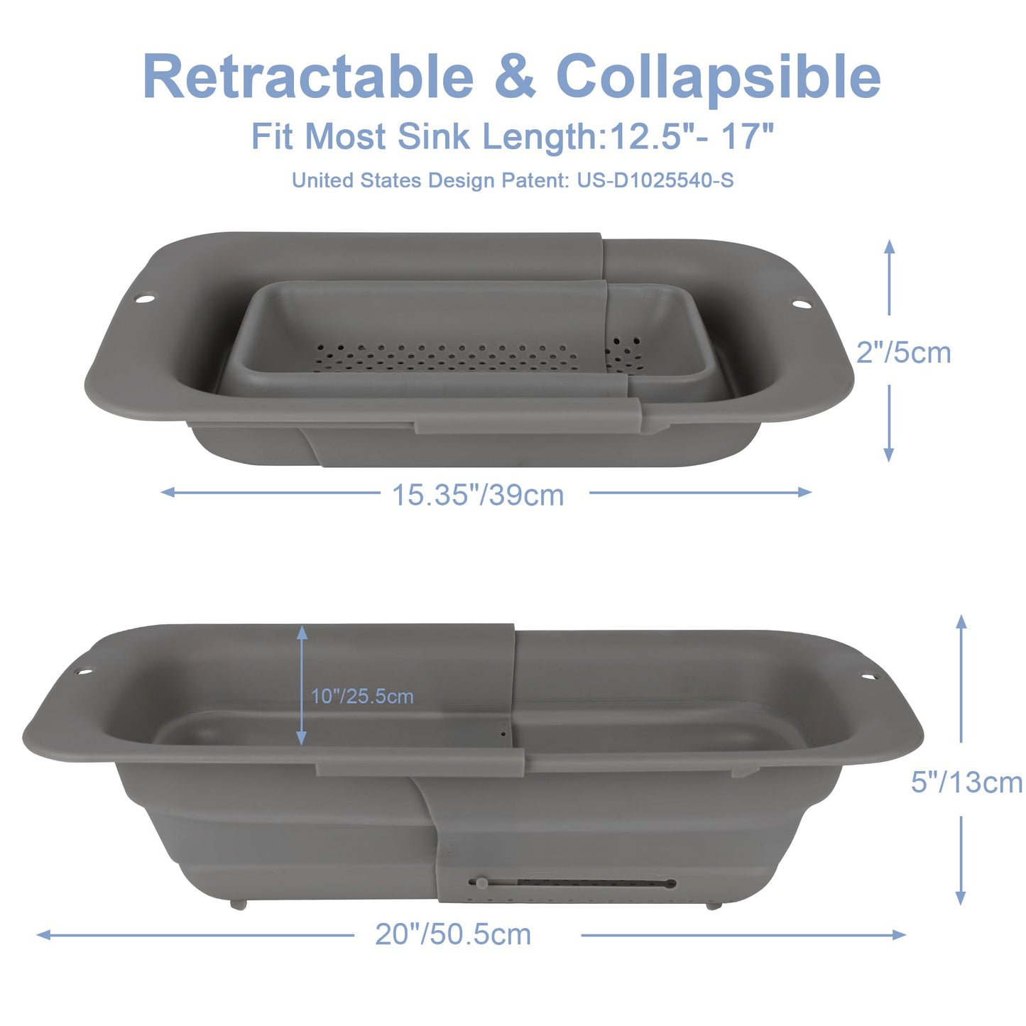 ROTTOGOON Collapsible Colander Strainer, Expandable Over the Sink Colander for Kitchen, Adjustable Silicone Sink Strainer, Foldable Large Colander Basket to Wash Vegetable, Fruit, 15" to 19.8", Gray