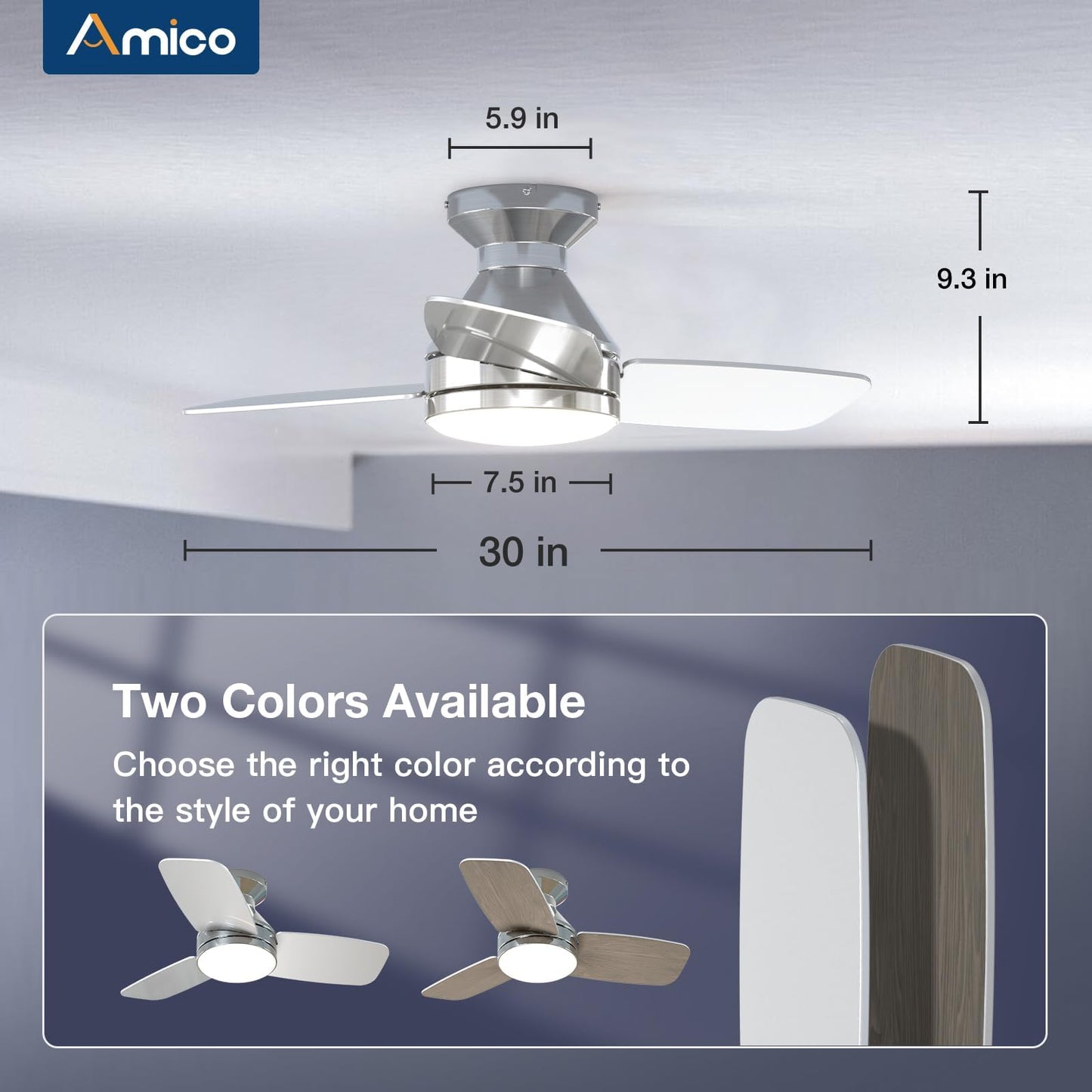 Amico Ceiling Fans with Lights, 42 inch Low Profile Ceiling Fan with Light and Remote Control, Flush Mount, Reversible, 3CCT, Dimmable, Noiseless, Black Ceiling Fan for Bedroom, Indoor/Outdoor Use