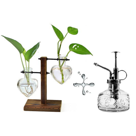 XXXFLOWER Plant Terrarium Wooden Stand and Glass Watering Spray Bottle Vintage Heart Planter Vase Mister Watering Can for Succulent Hydroponics Plant for Indoor Outdoor Home Office Garden