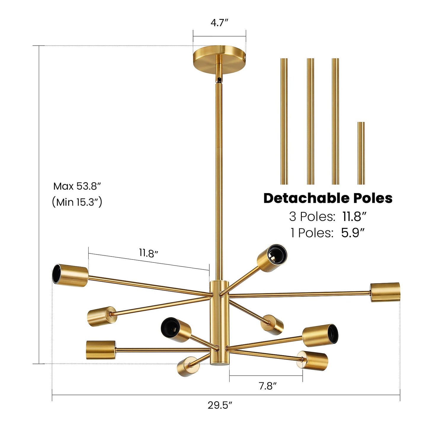 Modern Chandelier Ceiling Light Fixture Sputnik Chandeliers Gold and Black Farmhouse Chandelier Over Table 12-Light Height Adjustable Chandeliers for Dining Room, Living Room,Kitchen Island