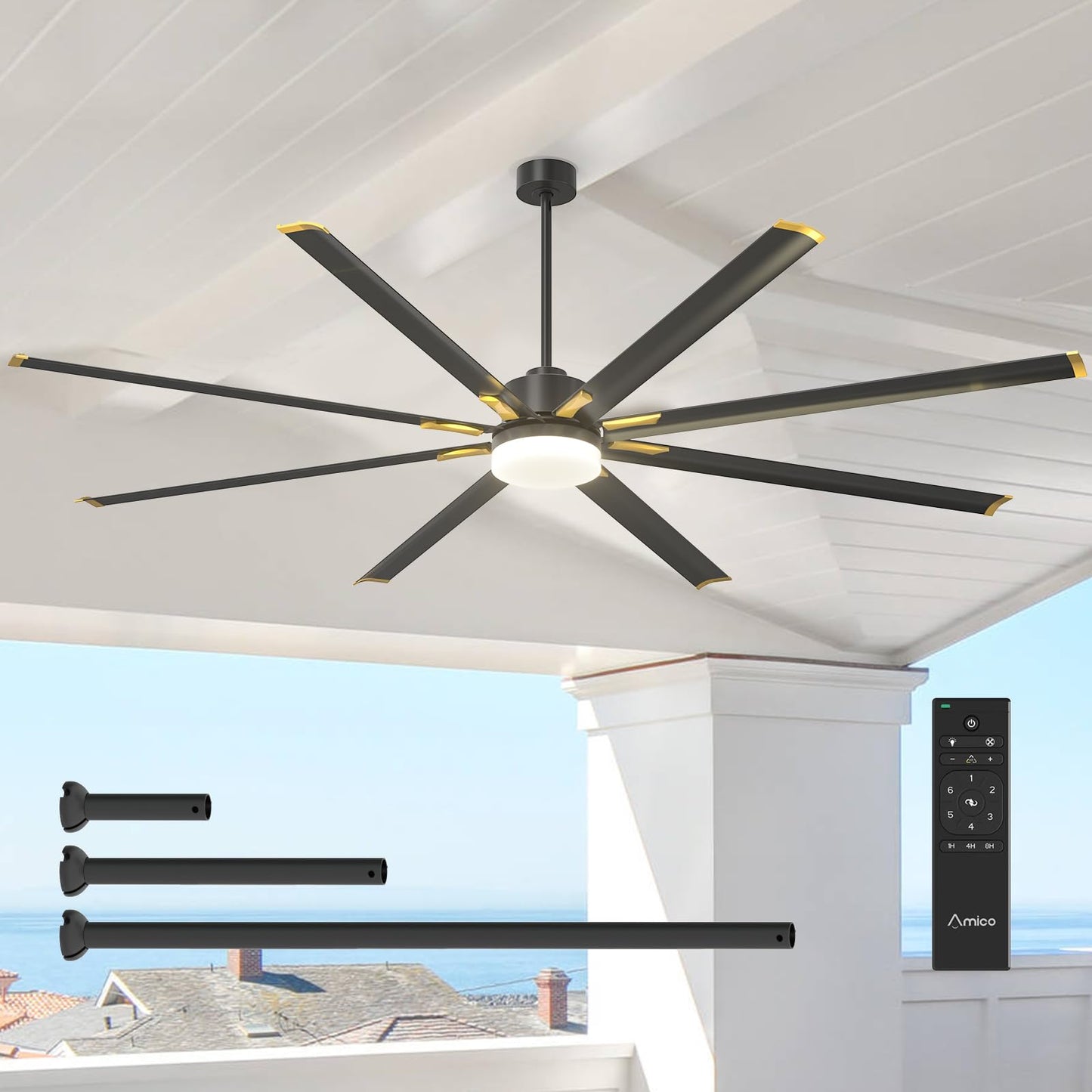 Amico 100 Inch Ceiling Fan with Light, Industrial Large Ceiling Fan with 8 Aluminum Reversible Blades, 6-Speed Remote Control, Quiet DC Motor, Indoor/Outdoor Ceiling Fan for Porch/Garage/Shop, Nickel