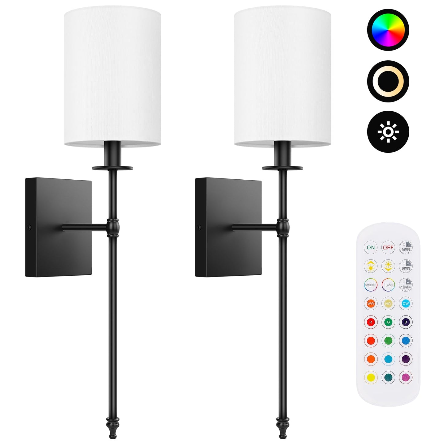 Battery Operated Wall Sconces Set of 2 with Remote Control, Black Indoor Not Hardwired Dimmable Wall Lamps with White Fabric Shade, Rechargeable Wireless wall lights For Bedroom, 2 Bulbs Included