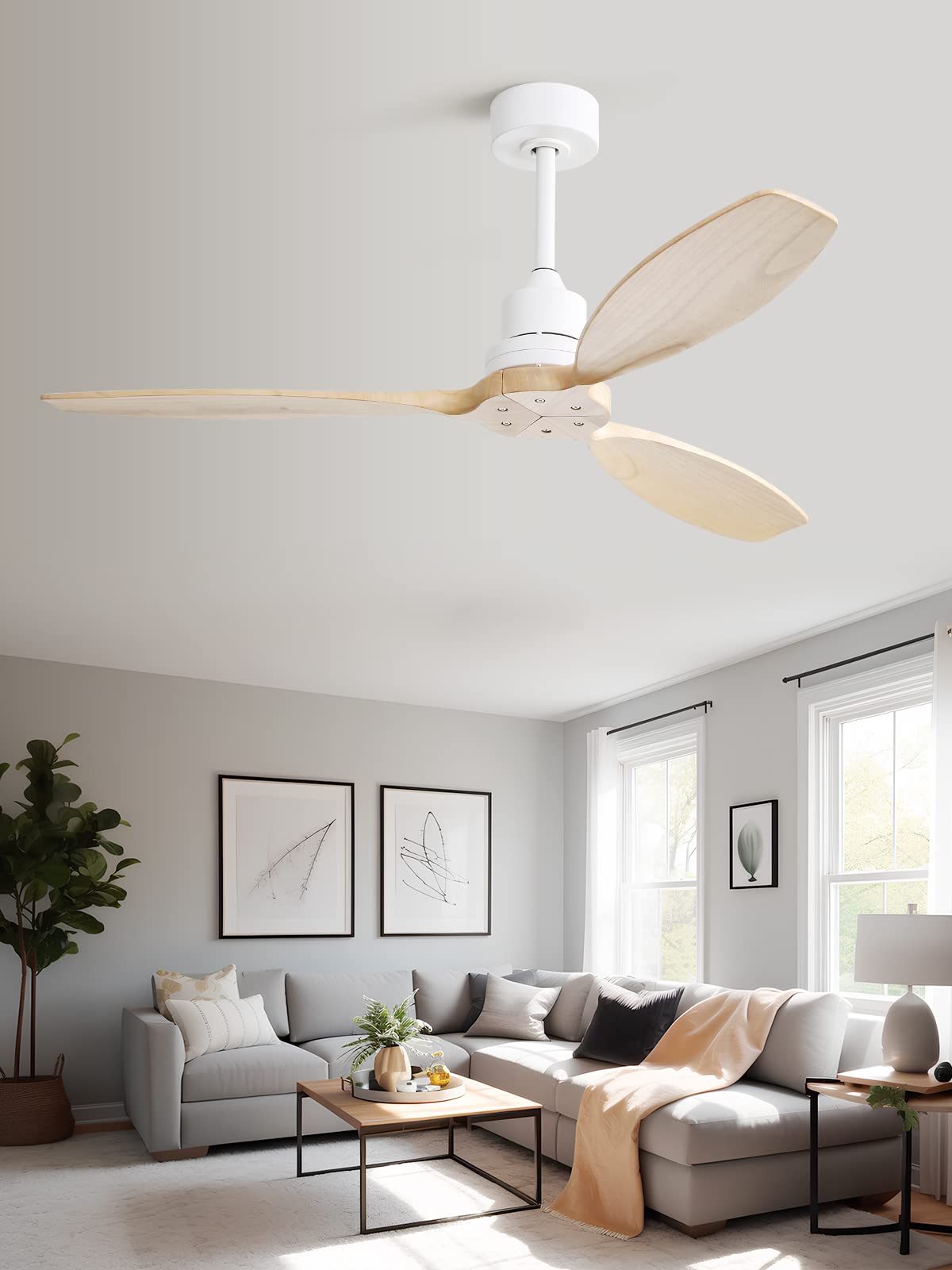 Sofucor 52" Ceiling Fan with Lights Remote Control, 3 Poles for Indoor Outdoor Ceiling Fan with Remote, Reversible Noiseless ETL Motor, 3 Walnut Wooden Blades