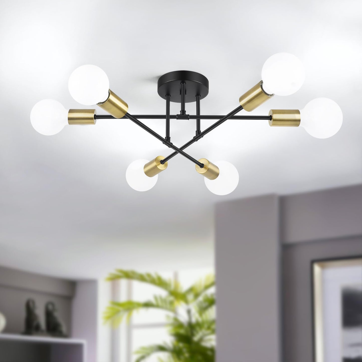 Modern Sputnik Chandelier 6-Light Industrial Ceiling Lights Fixture 22" Black Semi Flush Mount Ceiling Light with E26 Base Sputnik Lights Fixture for Dining Room Bedroom Foyer Hallway Living Room