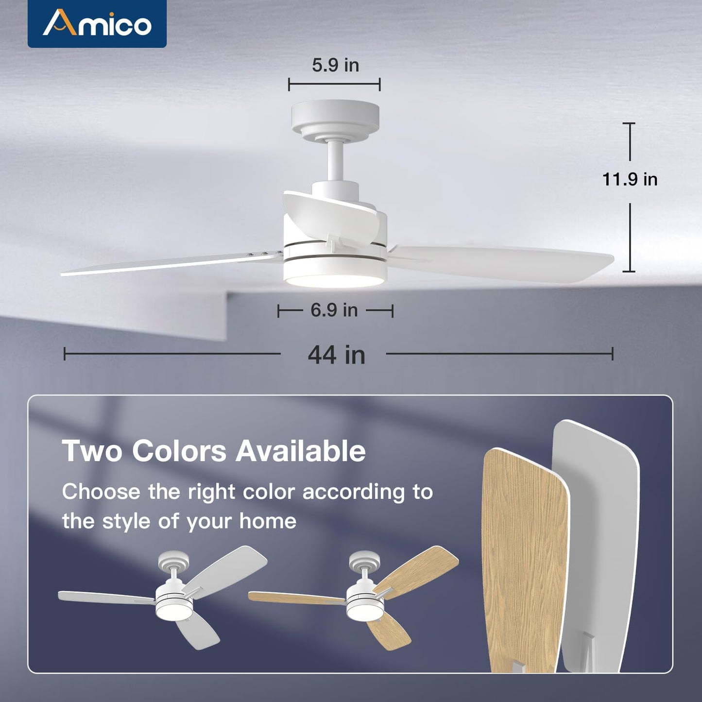 Amico Ceiling Fans with Lights, 44 inch Ceiling Fan with Light and Remote Control, Reversible, 3CCT, Dimmable, Noiseless, Small Black Ceiling Fan for Bedroom, Indoor/Outdoor Use