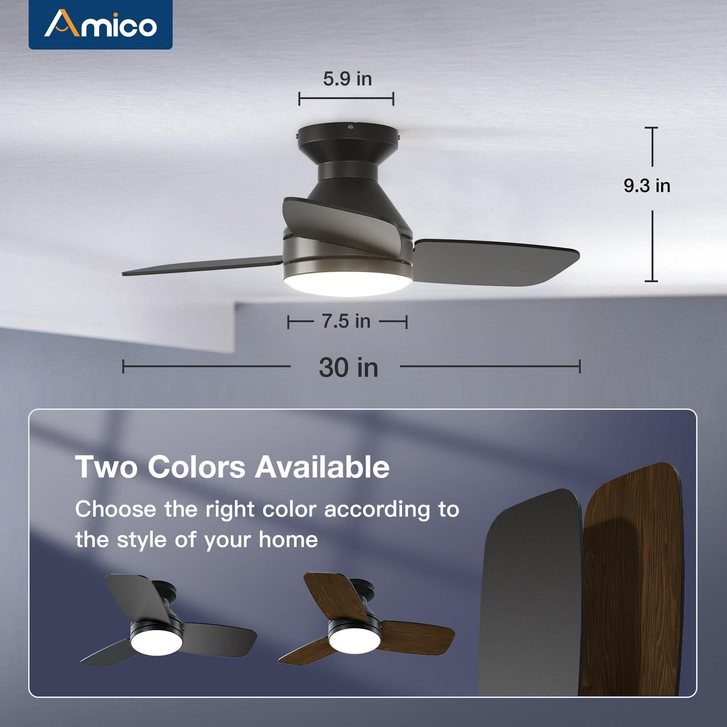 Amico Ceiling Fans with Lights, 42 inch Low Profile Ceiling Fan with Light and Remote Control, Flush Mount, Reversible, 3CCT, Dimmable, Noiseless, Black Ceiling Fan for Bedroom, Indoor/Outdoor Use