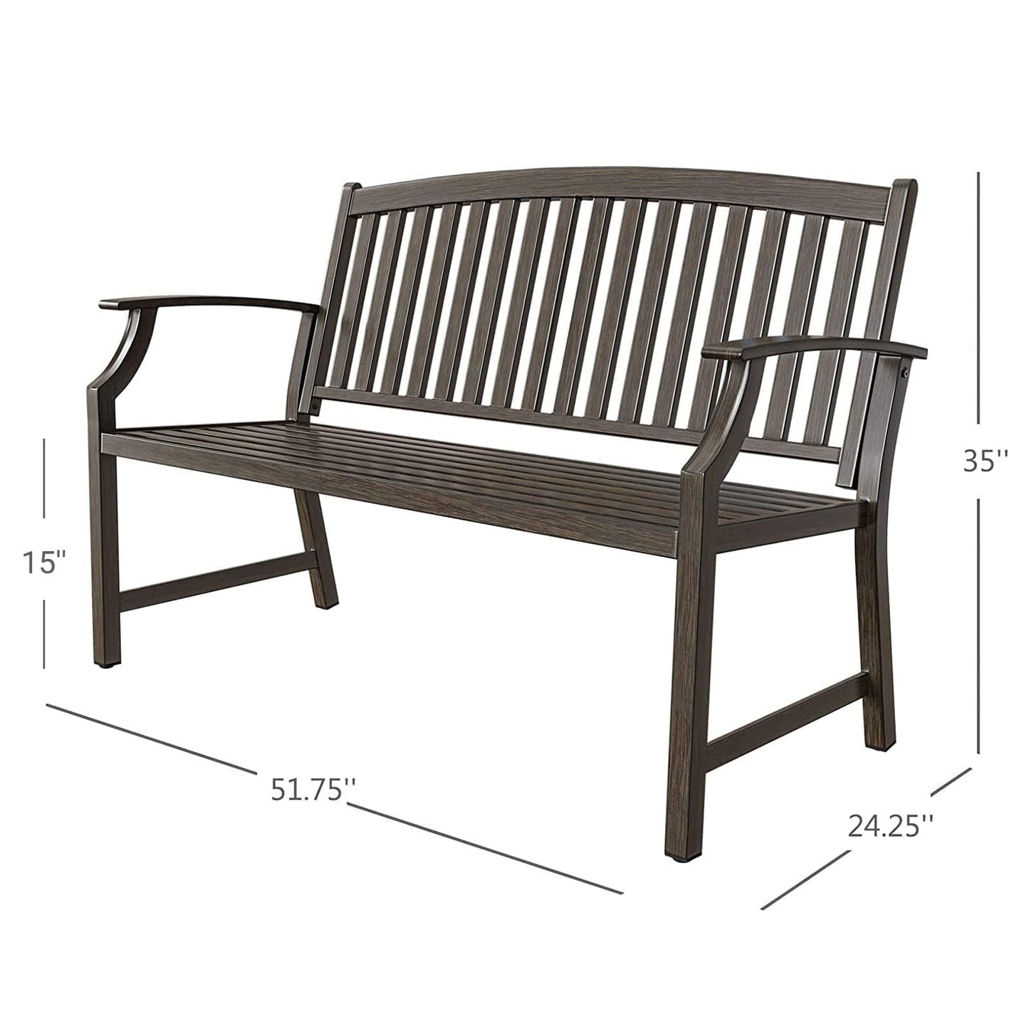 Grand patio Farmhouse Outdoor Bench, Garden Benches with Anti-Rust Aluminum Powder Coated Frame, Faux Wood Grain Finish Frame Patio Bench for Front Porch, Northwoods Brown