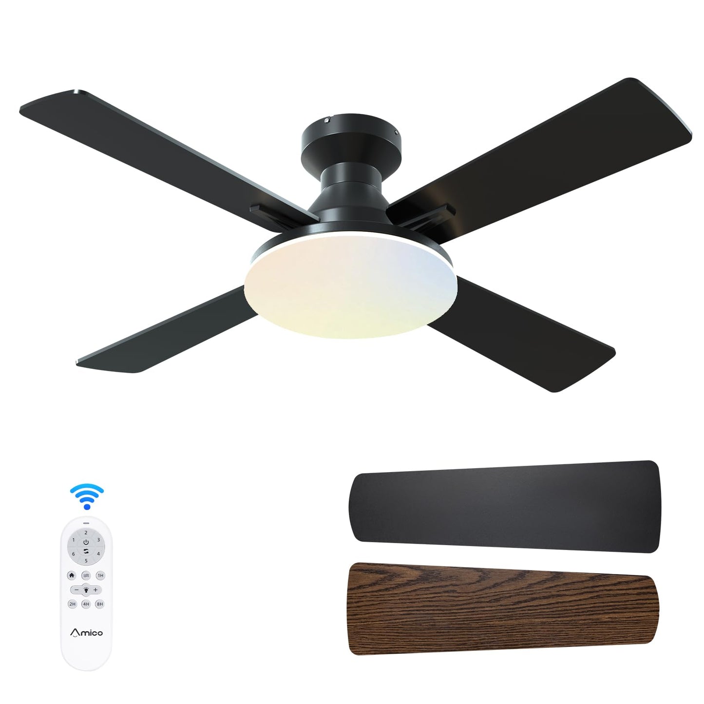 Amico Ceiling Fans with Lights, 44 inch Flush Mount Ceiling Fan with Light and Remote Control, Low Profile, Reversible, 5CCT Dimmable 4 Blades White Ceiling Fan for Bedroom Indoor/Outdoor Use