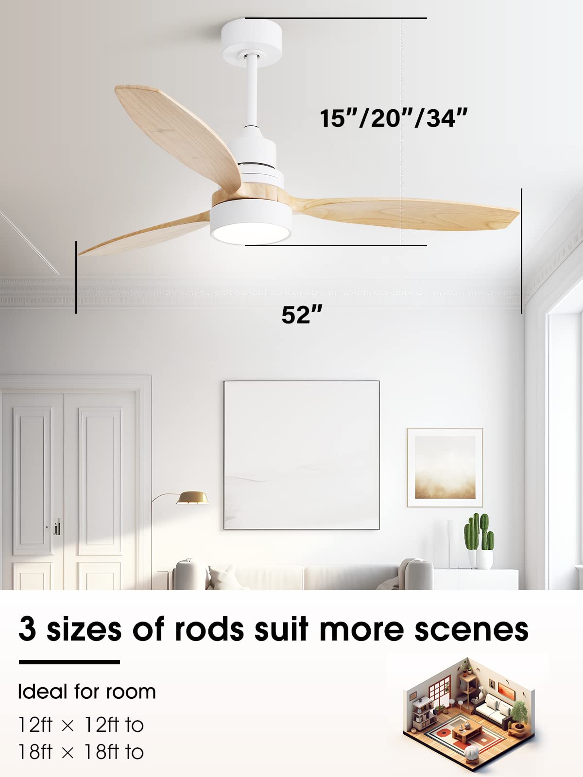 Sofucor 52" Ceiling Fan with Lights Remote Control, 3 Poles for Indoor Outdoor Ceiling Fan with Remote, Reversible Noiseless ETL Motor, 3 Walnut Wooden Blades