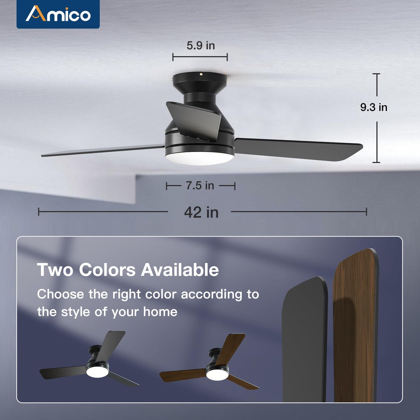 Amico Ceiling Fans with Lights, 42 inch Low Profile Ceiling Fan with Light and Remote Control, Flush Mount, Reversible, 3CCT, Dimmable, Noiseless, Black Ceiling Fan for Bedroom, Indoor/Outdoor Use