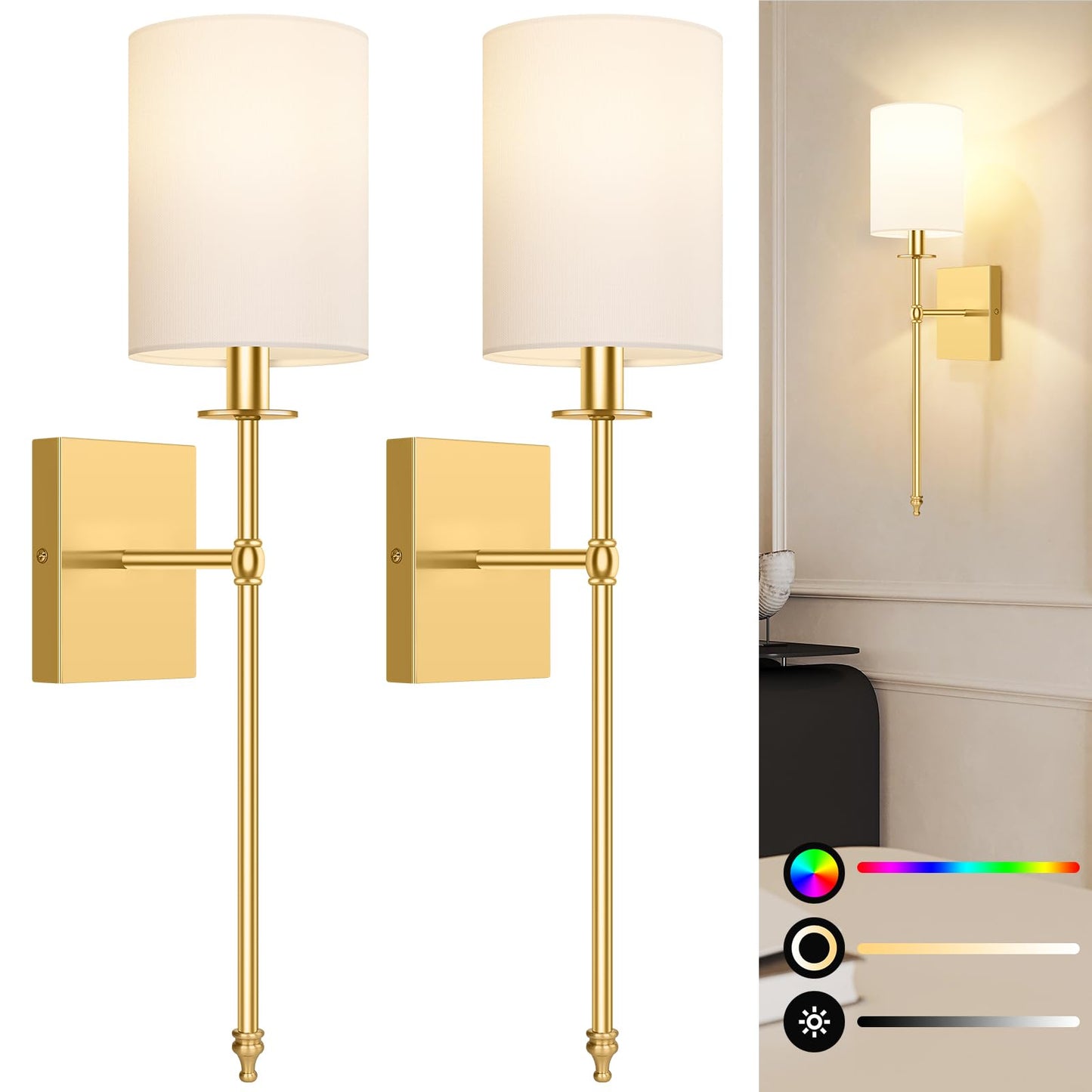 Battery Operated Wall Sconces Set of 2 with Remote Control, Black Indoor Not Hardwired Dimmable Wall Lamps with White Fabric Shade, Rechargeable Wireless wall lights For Bedroom, 2 Bulbs Included